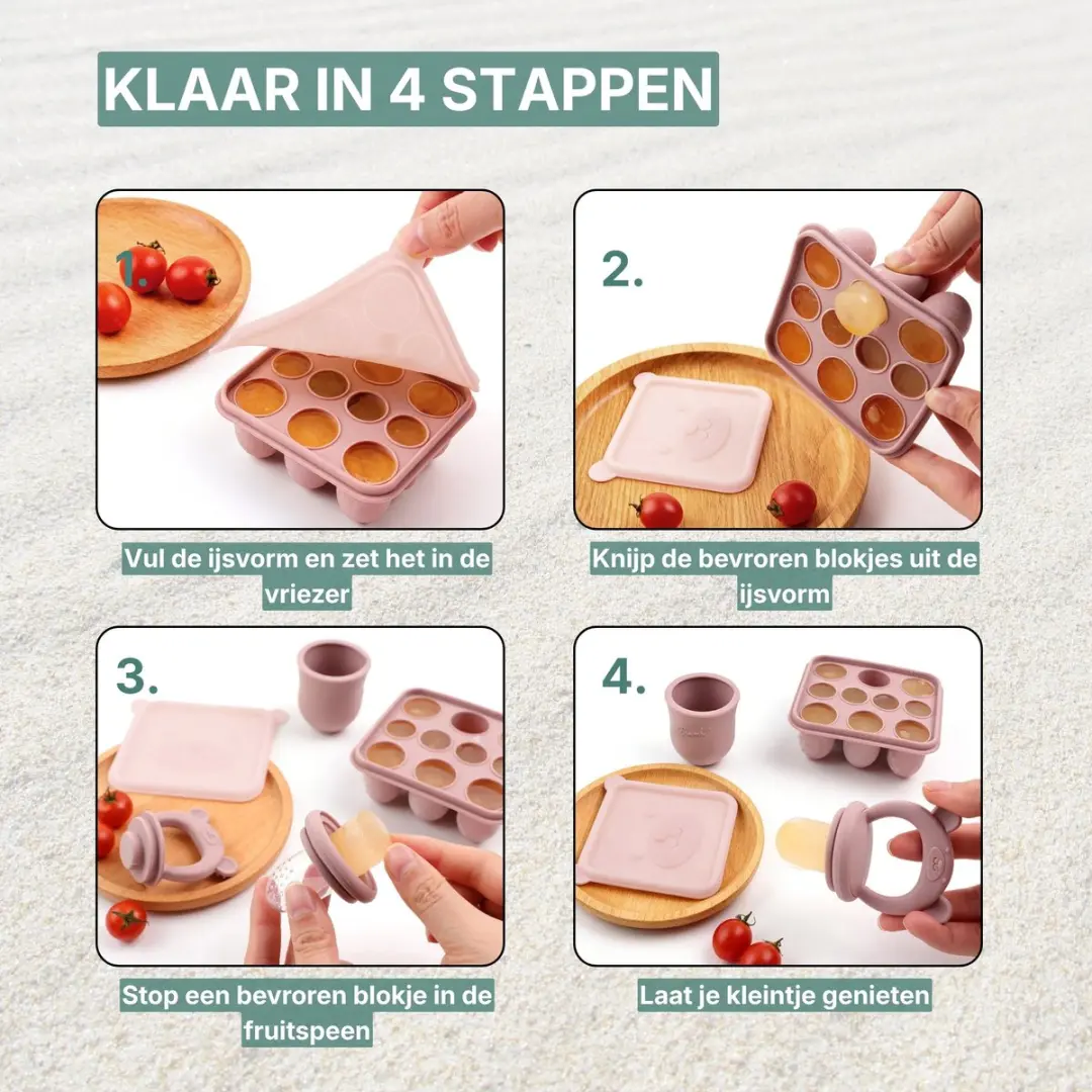 Broemba Fruitspeen & IJsblokjesvorm Roze - 3 Speenmaten S/M/L
