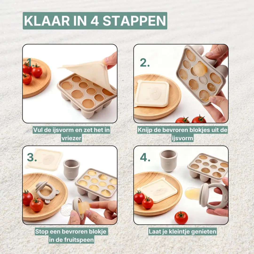 Broemba Fruitspeen & IJsblokjesvorm - 3 Siliconen Speenmaten S/M/L - Beige