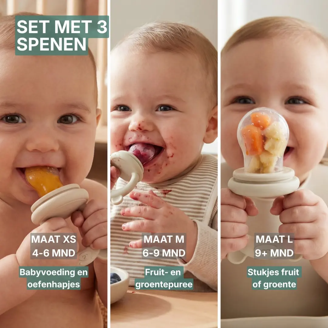 Broemba Fruitspeen Baby Set - 3 Siliconen Spenen - Sabbelzakje Beige