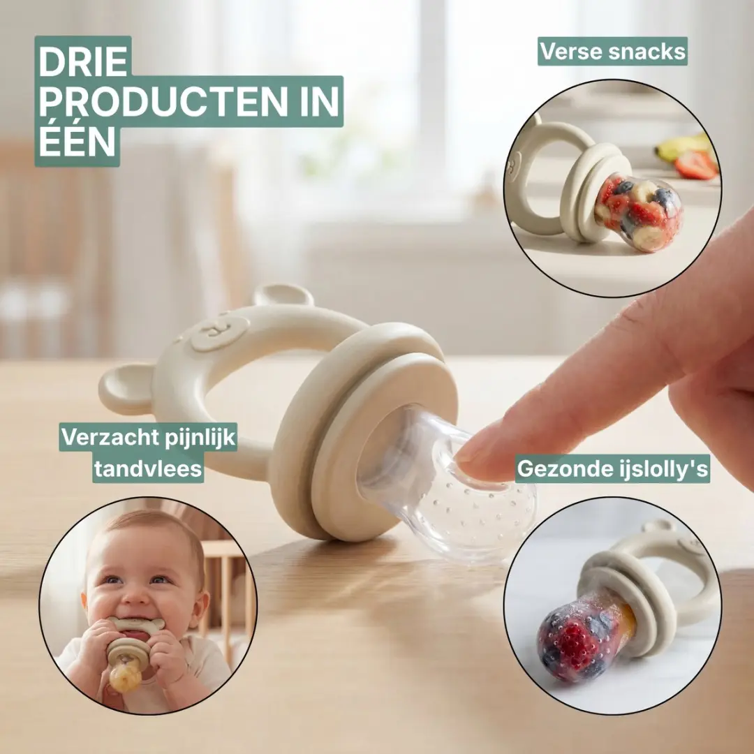 Broemba Fruitspeen Baby Set - 3 Siliconen Spenen - Sabbelzakje Beige