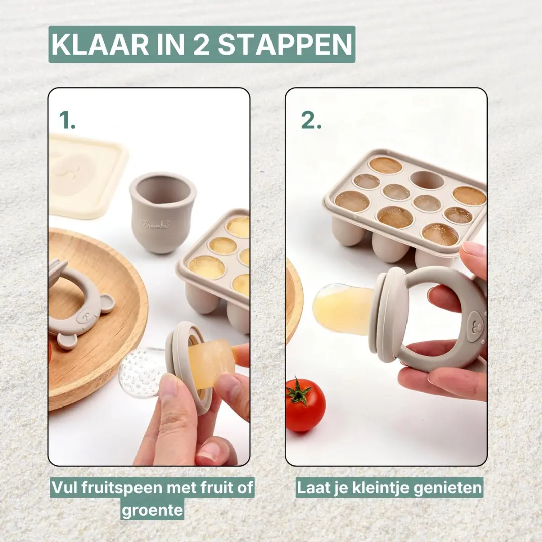 Broemba Fruitspeen Baby Set - 3 Siliconen Spenen - Sabbelzakje Beige