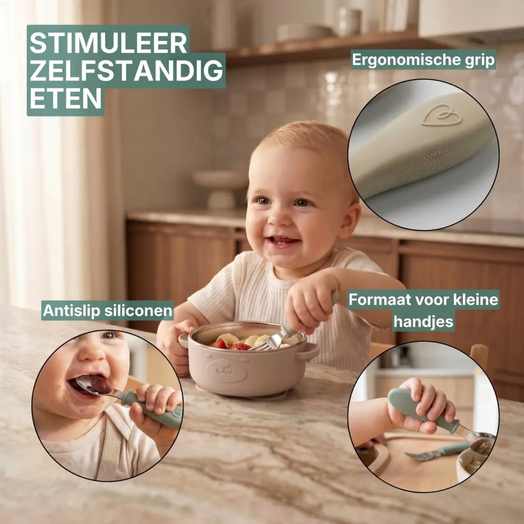 Broemba RVS Kinderbestek - 4-delig - Beige/Groen