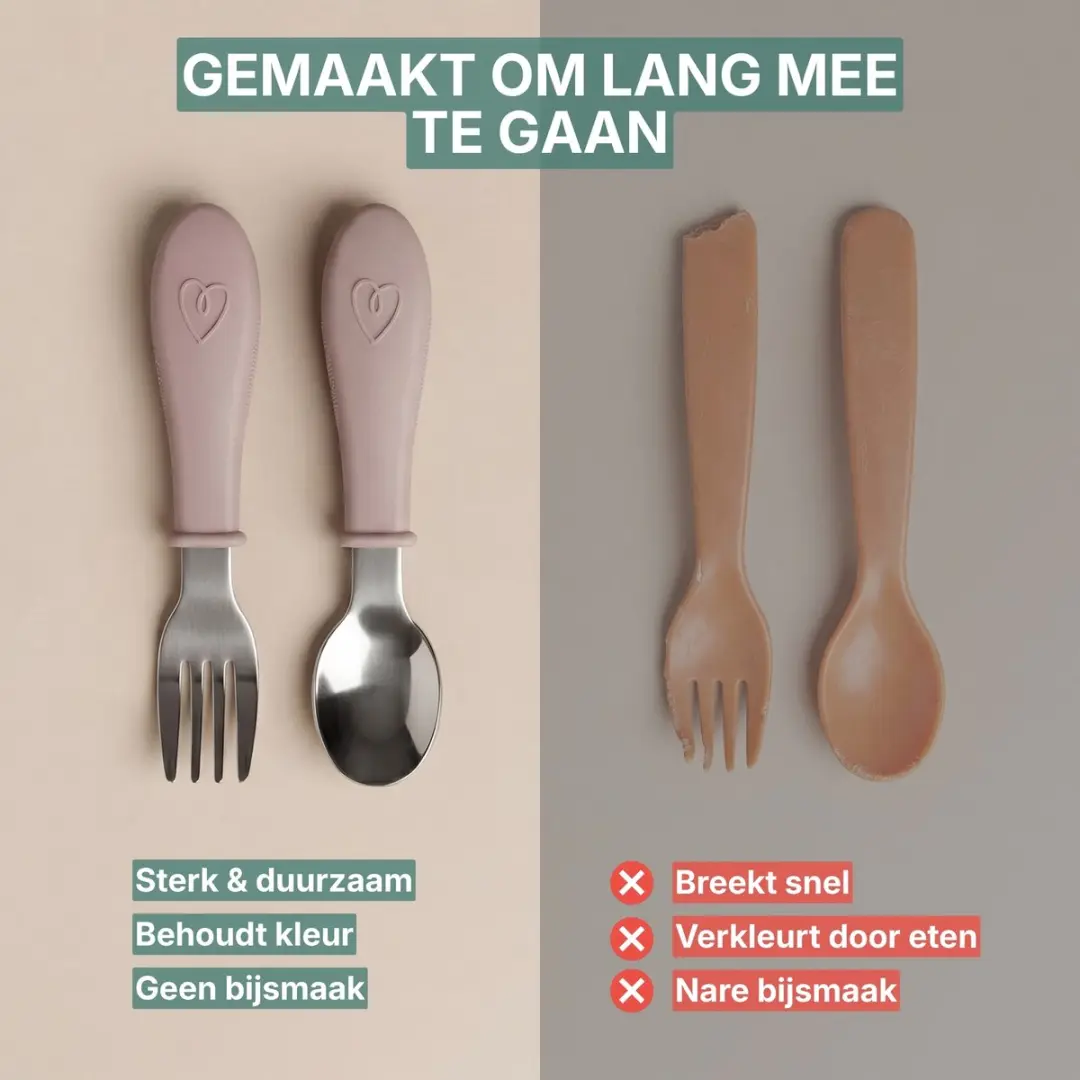 Broemba RVS Kinderbestek - 4-delig - Baby Lepel & Vork - 1-2 jaar - Beige/Rose