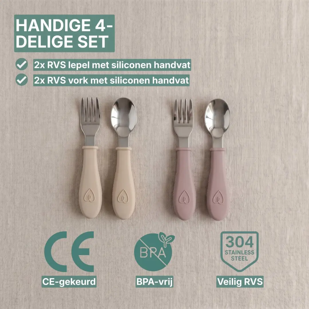 Broemba RVS Kinderbestek - 4-delig - Baby Lepel & Vork - 1-2 jaar - Beige/Rose