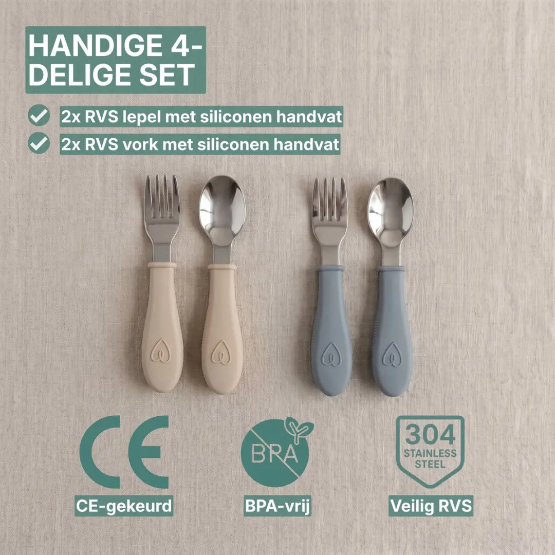 Broemba RVS Baby Lepel + Vork Set Beige/Blauw - afbeelding 3 van 6