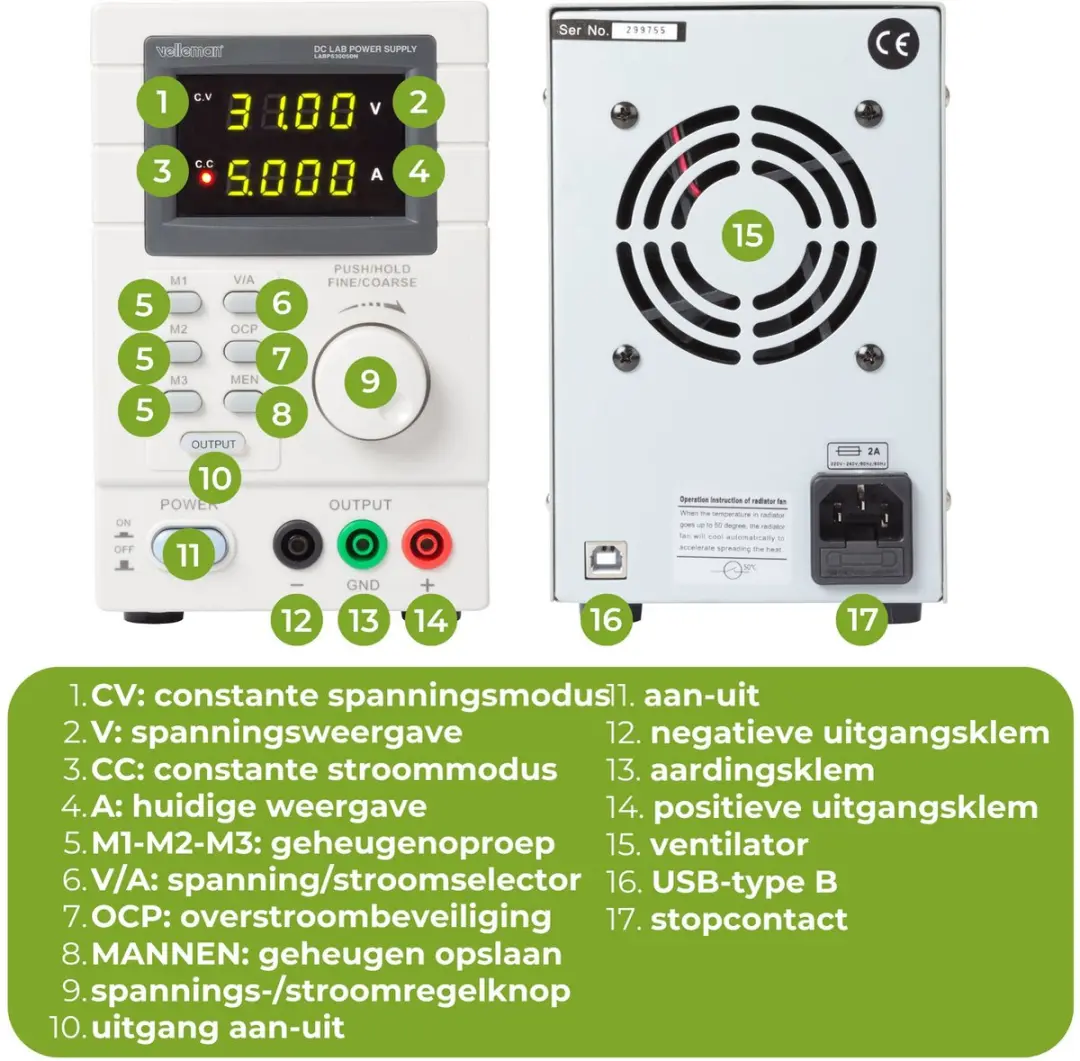Velleman Programmeerbare Laboratoriumvoeding 30V/5A - USB - Wit/Grijs - afbeelding 3 van 6