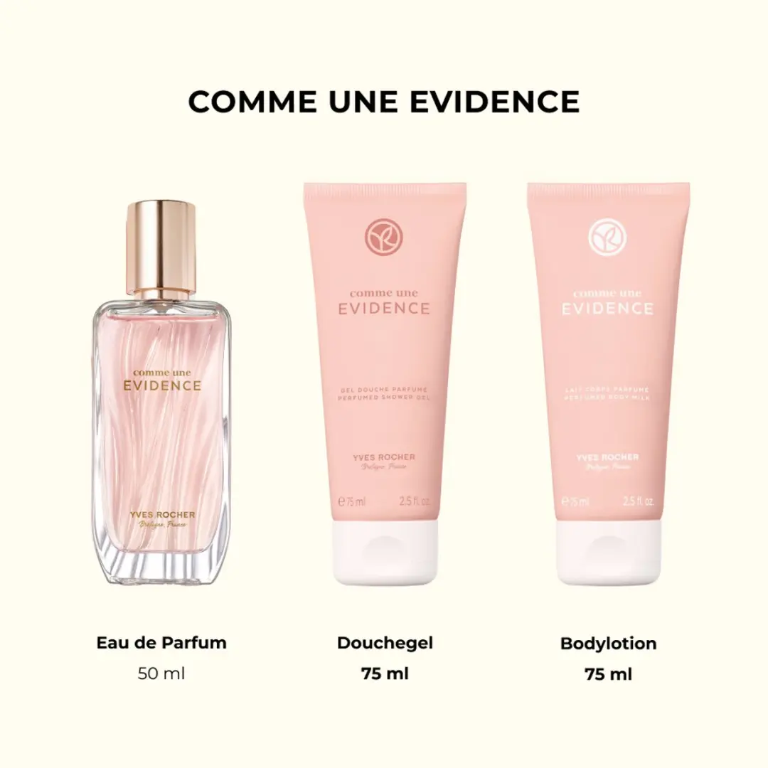 Yves Rocher Comme une Évidence 3-delig Cadeauset - 50ml Eau de Parfum + 75ml Douchegel & Bodymilk - Roos/Bergamot/Patchoeli - afbeelding 2 van 5