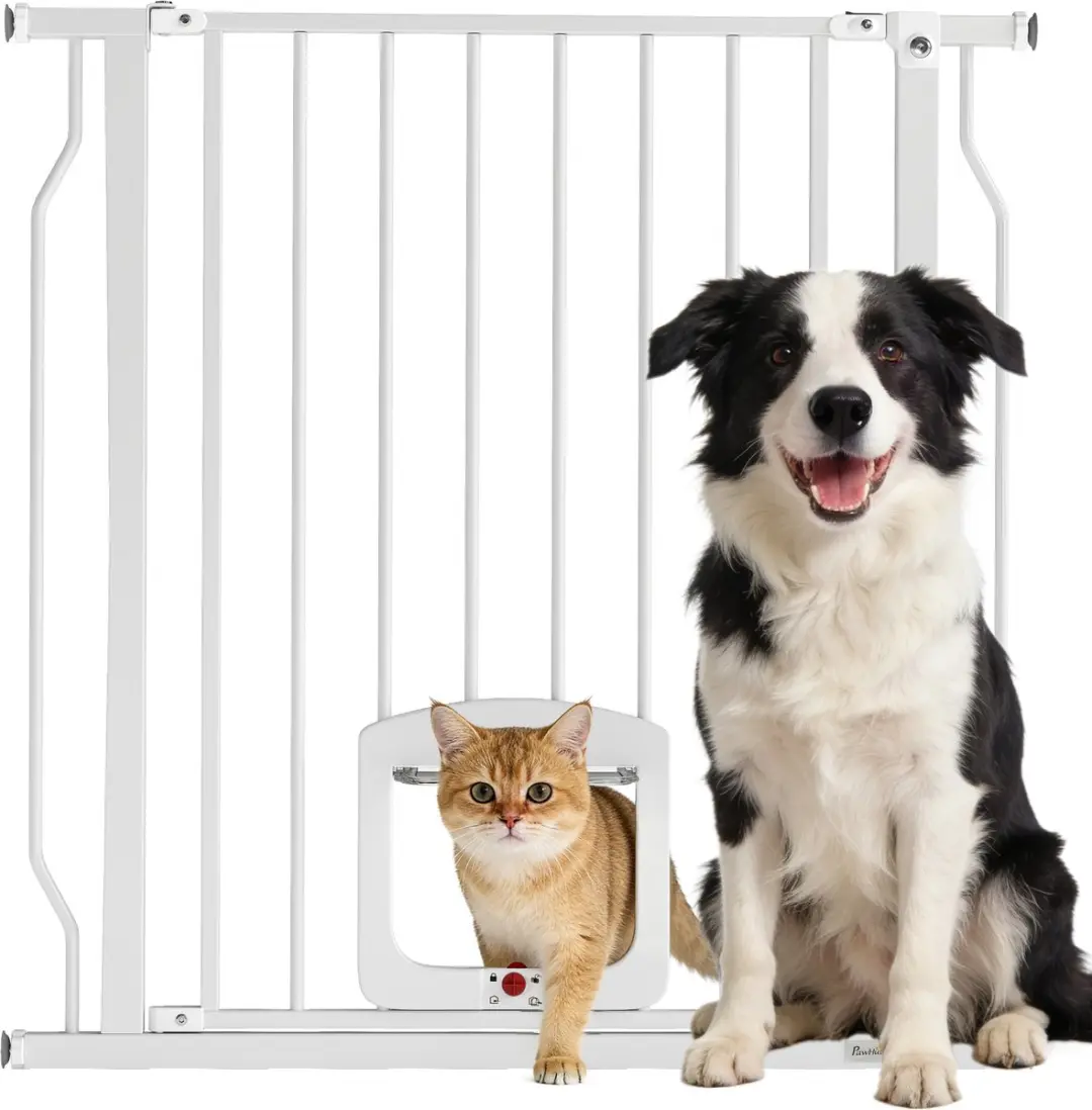 Pawhut Pet Gate-Staal, Kunststof-75-85L x 2B x 76H cm-Wit