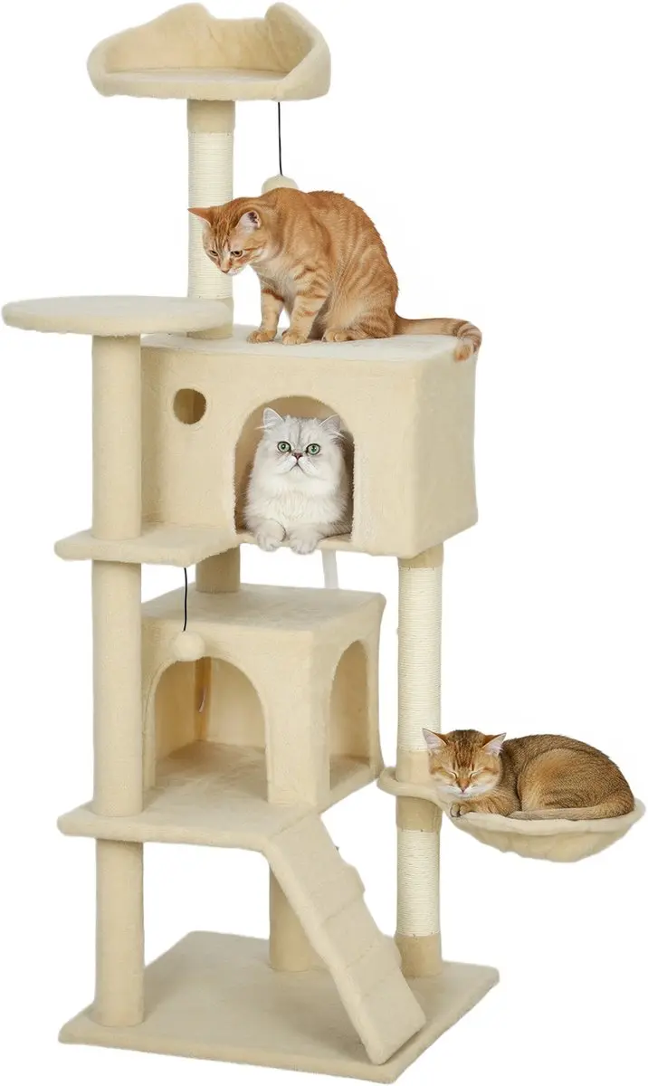 PawHut Kattenboom Spaanplaat, pluche 48L x 48B x 140H cm Beige