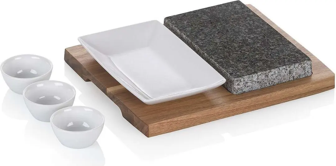 Hot Stone Set, Maat XL, 6-delig, Graniet, Acaciahout, Keramiek