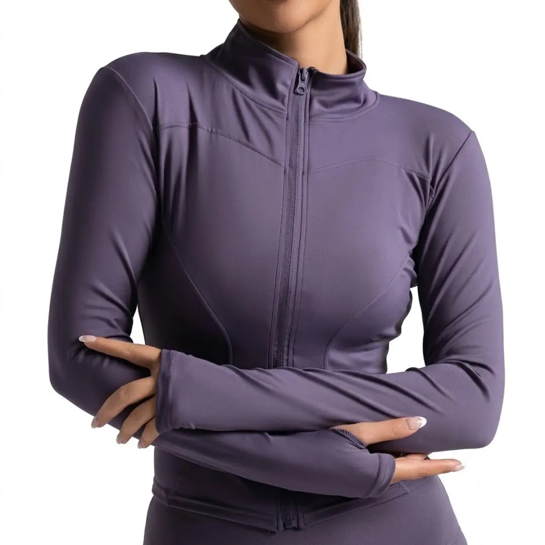 Donker paarse sport jas dames slim fit volledige rits fitness jas yoga jas pilat