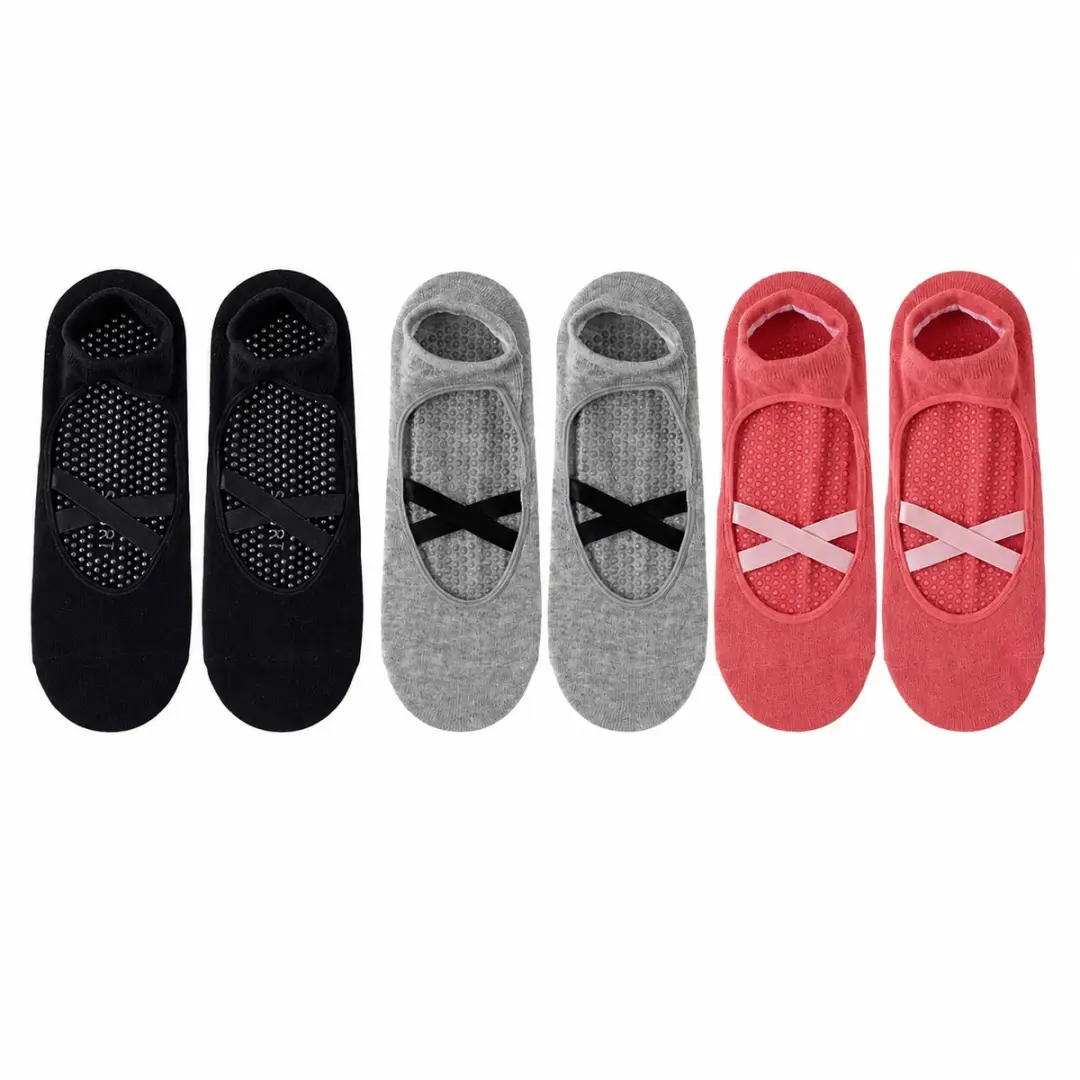 Zwart grijs rood antislip pilates sokken dames 3 paar ademende ballet sokken met