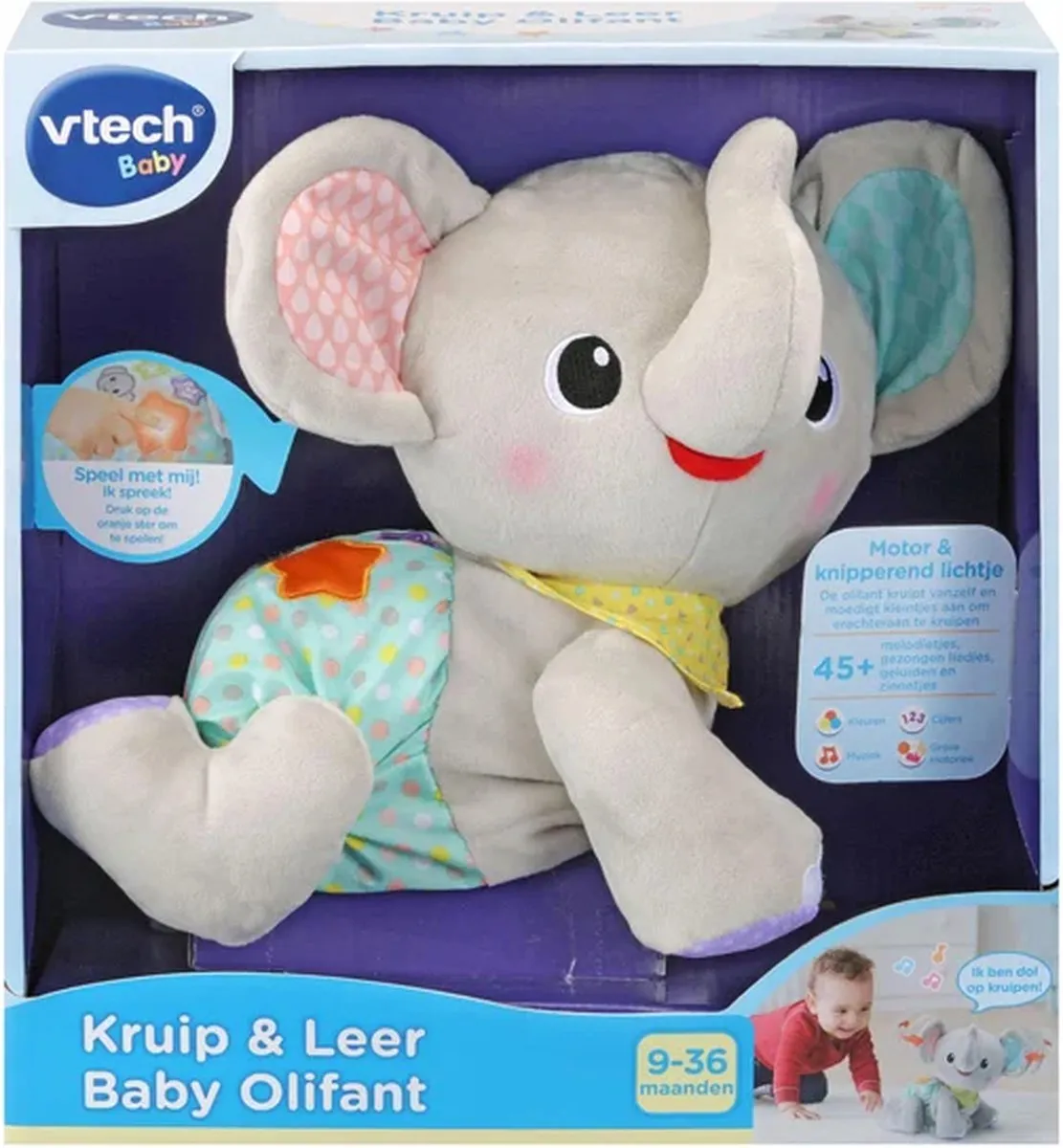 VTech Kruip & Leer Baby Olifant - Moedigt Kruipen Aan - Interactief Speelgoed - Knuffel Leert Cijfers & Kleuren - 9 tot 36 Maanden