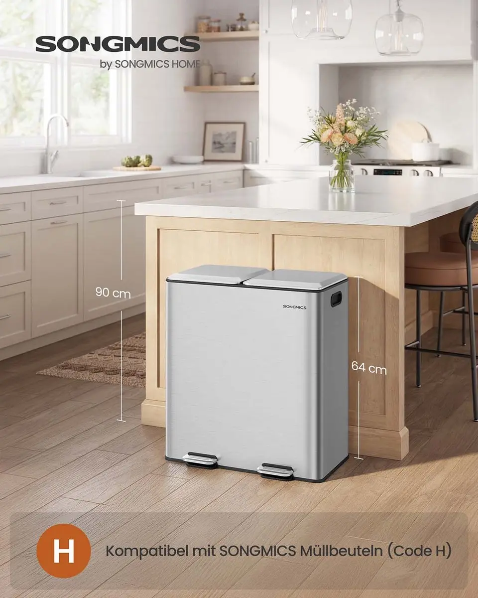 Songmics LTB743E01 Keukenafvalemmer 60L - 2 Vakken - Zilver
