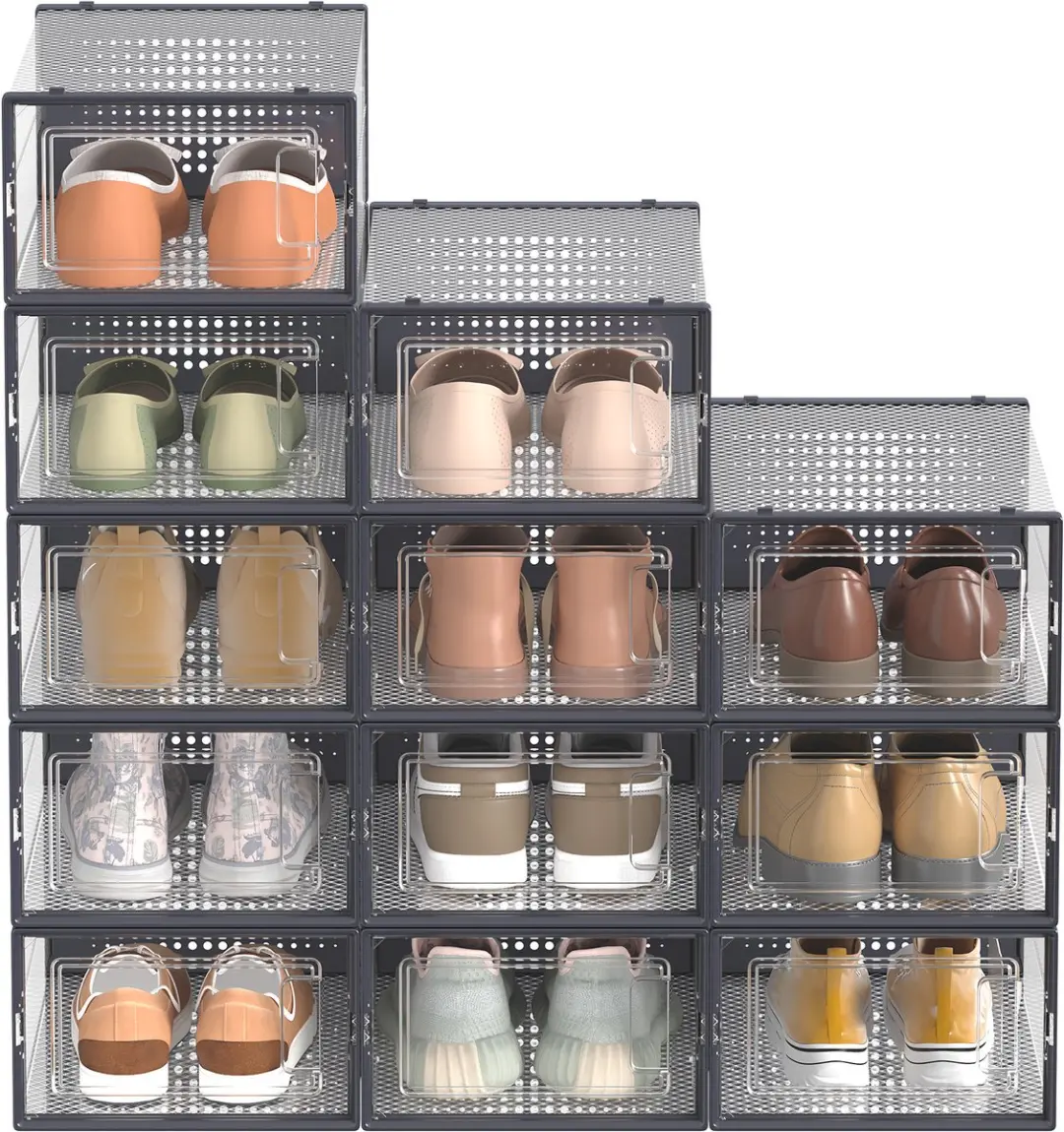 Songmics Schoenendozen Set 12 Stuks - Opvouwbaar & Stapelbaar - Transparant-antracietblauw