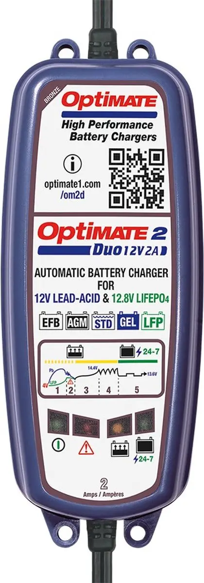 Tecmate OptiMate 2 DUO TM550 Acculader 12V - 2A - Loodzuur/LiFePO4