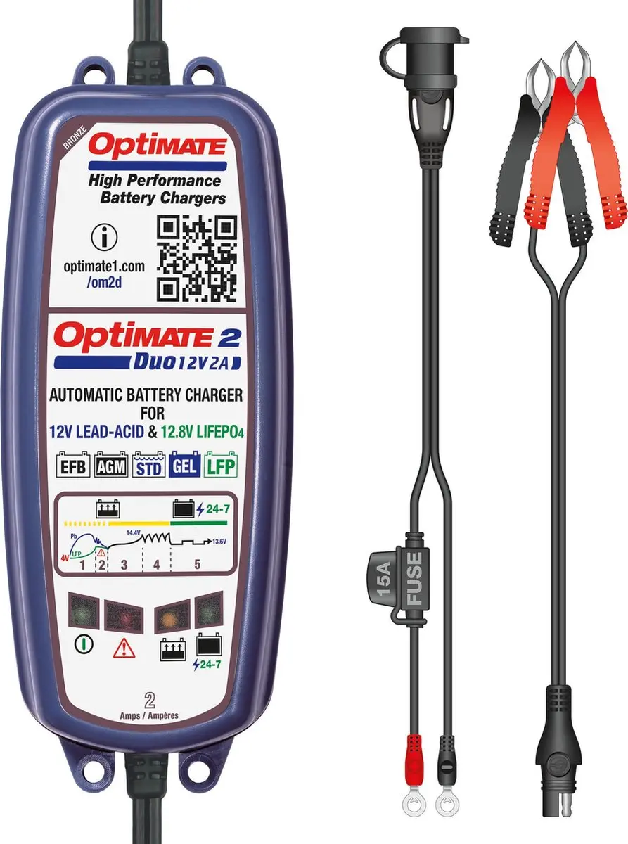 Tecmate OptiMate 2 DUO TM550 Acculader 12V - 2A - Loodzuur/LiFePO4