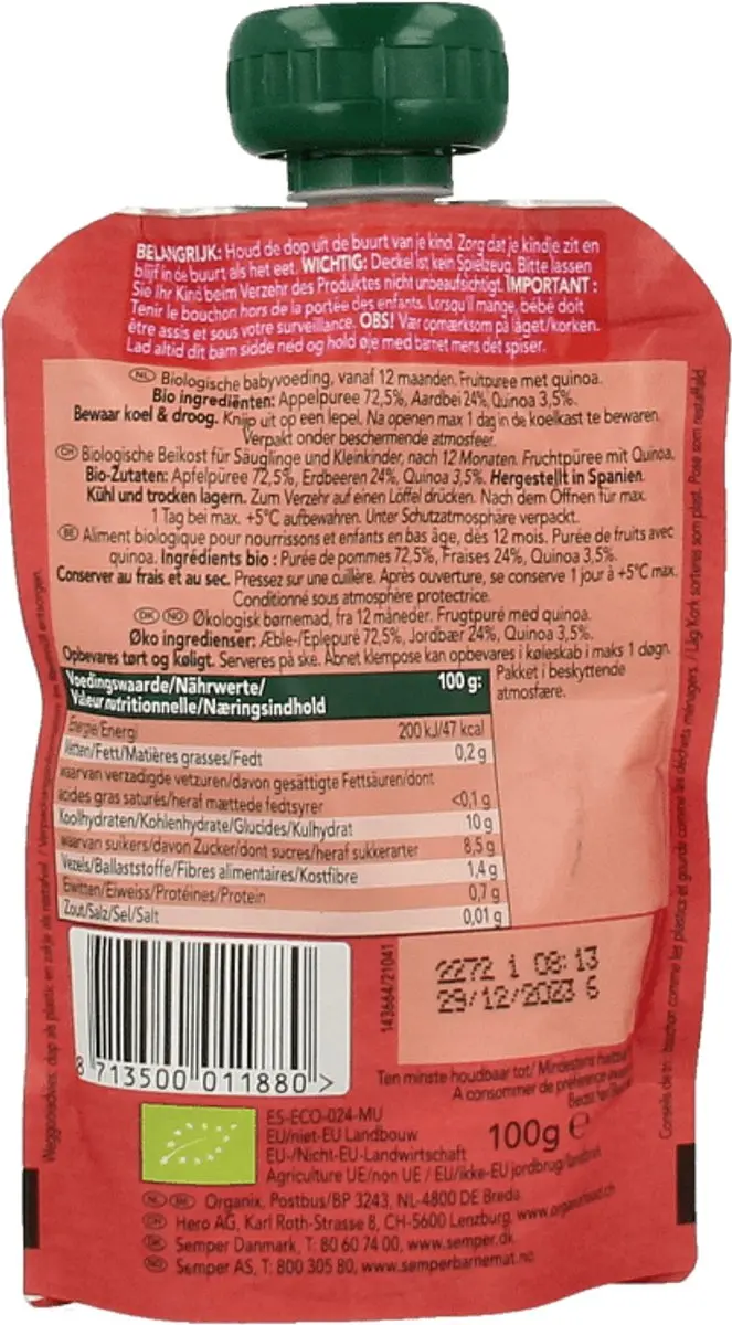 Organix Knijpfruit Appel-Aardbei-Quinoa 100g