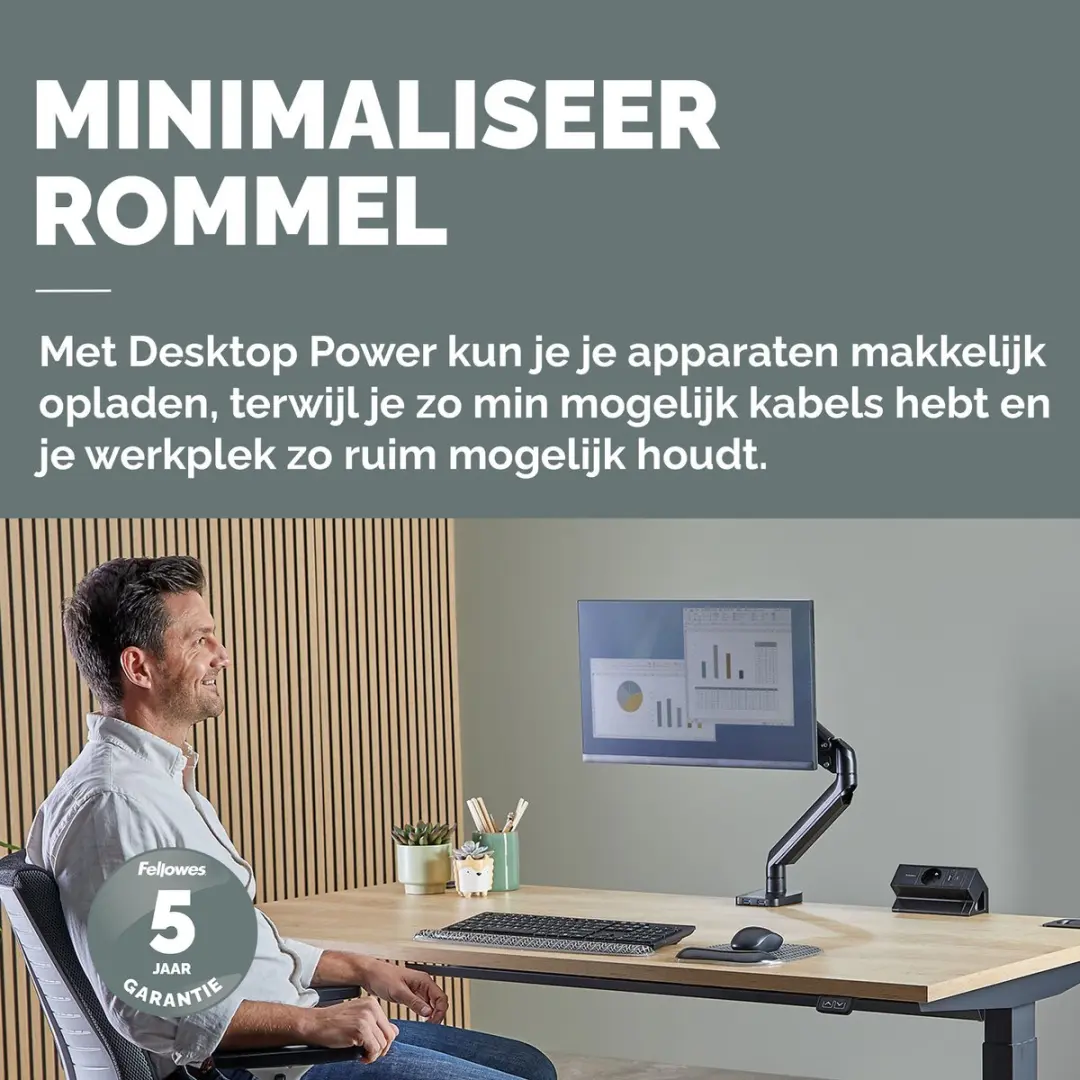 Fellowes Power Desk Type E Contactdoos - 1 Stopcontact USB-A USB-C Zwart - afbeelding 4 van 6