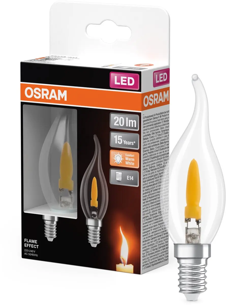 OSRAM LED-lamp met vlameffect helder, 1800 K, comfort warmwit, 20 lm, 1 W, 3,5 c