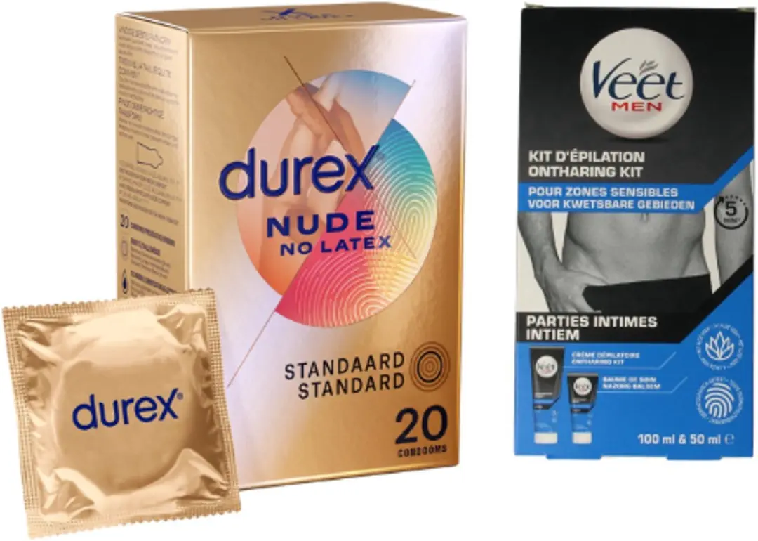 Durex Nude No Latex 20 Condooms + Veet Men Intieme Ontharingskit 150 ml