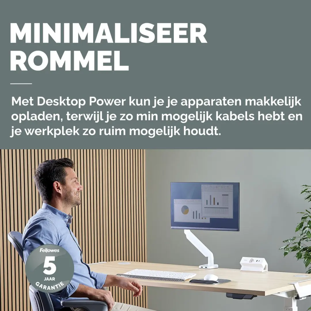 Fellowes Power Desk Typ E Contactdoos - 1 Stopcontact USB-A USB-C Wit - afbeelding 3 van 6