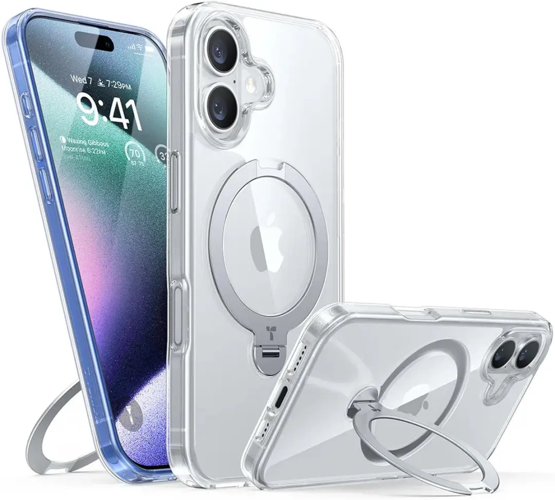 Torras UPro Ostand Spin Hoesje iPhone 16 Plus - MagSafe 360° Draaibaar - Transparant