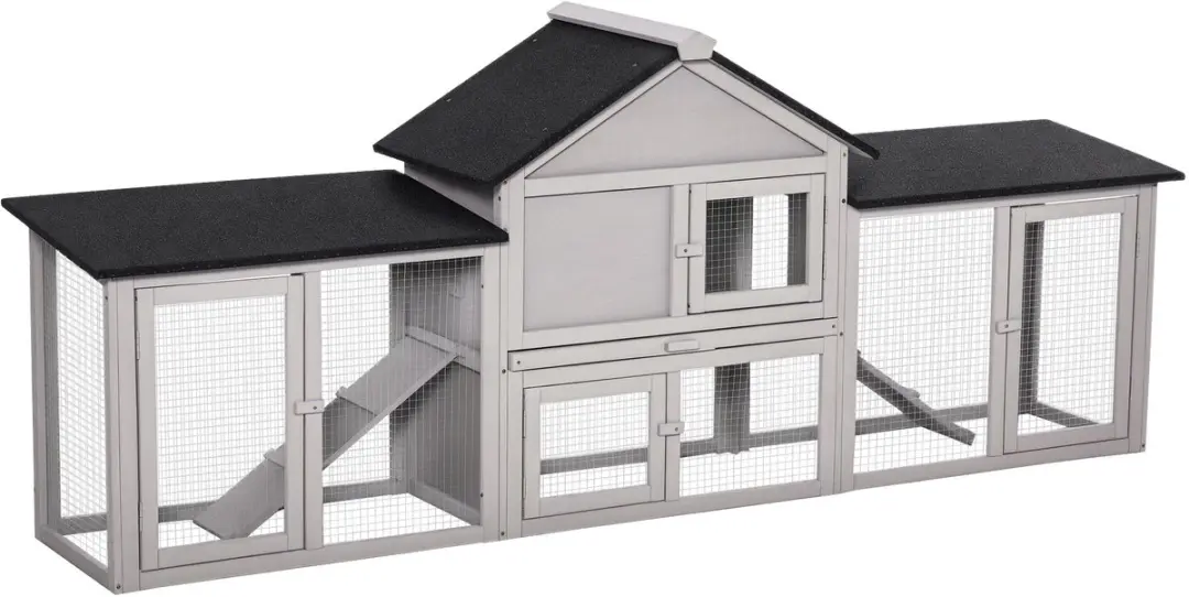 PawHut Konijnenhok Grenenhout 210L x 45,5B x 84,5H cm Grijs+Zwart