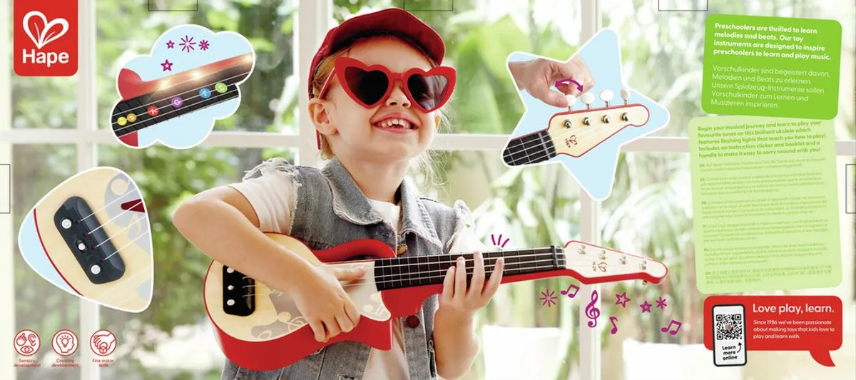 Hape Leer-met-lichtjes Ukelele - 3x AA - Veelkleurig