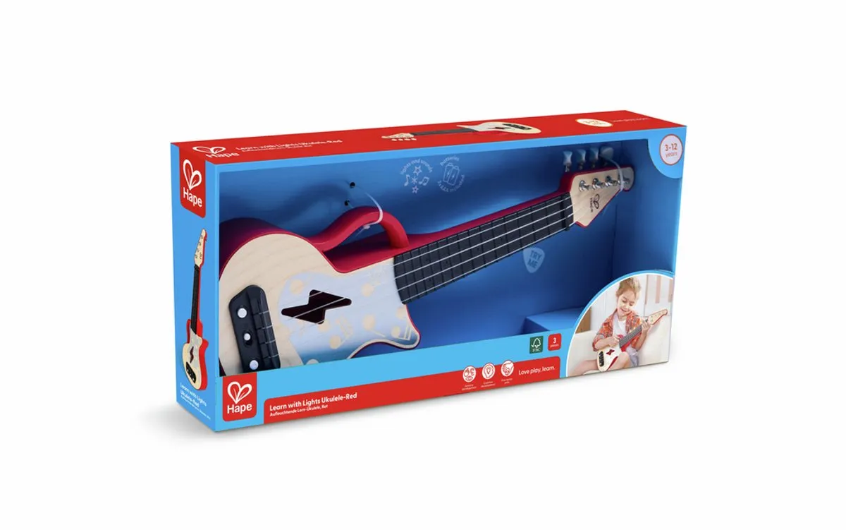 Hape Leer-met-lichtjes Ukelele - 3x AA - Veelkleurig