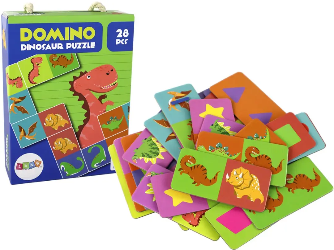 Logicaspel Dubbelzijdige puzzel Domino's Dinosaurussen 10 cm x 5 cm 28 stukjes.