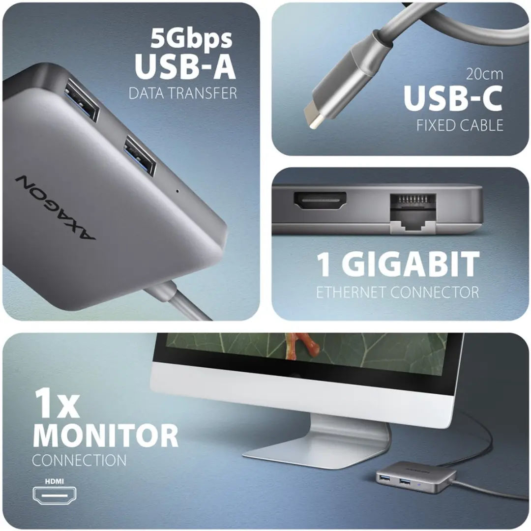 Axagon HMC-5HL USB-hub 5 Poorten - HDMI & RJ45 5Gbps - Zilver - afbeelding 4 van 6