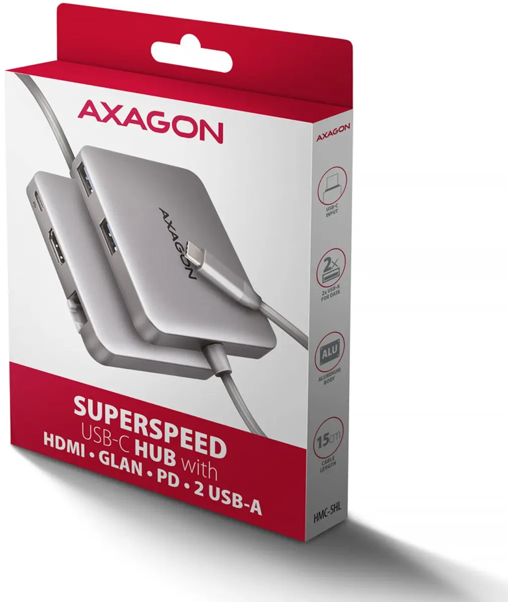 Axagon HMC-5HL USB-hub 5 Poorten - HDMI & RJ45 5Gbps - Zilver - afbeelding 2 van 6