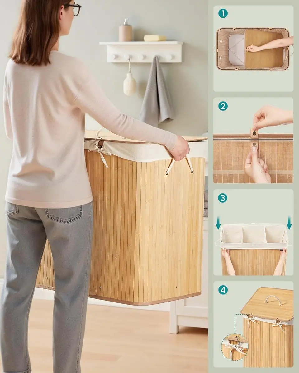Songmics Wasmand met deksel 170L - 3 Compartimenten Natuurlijk