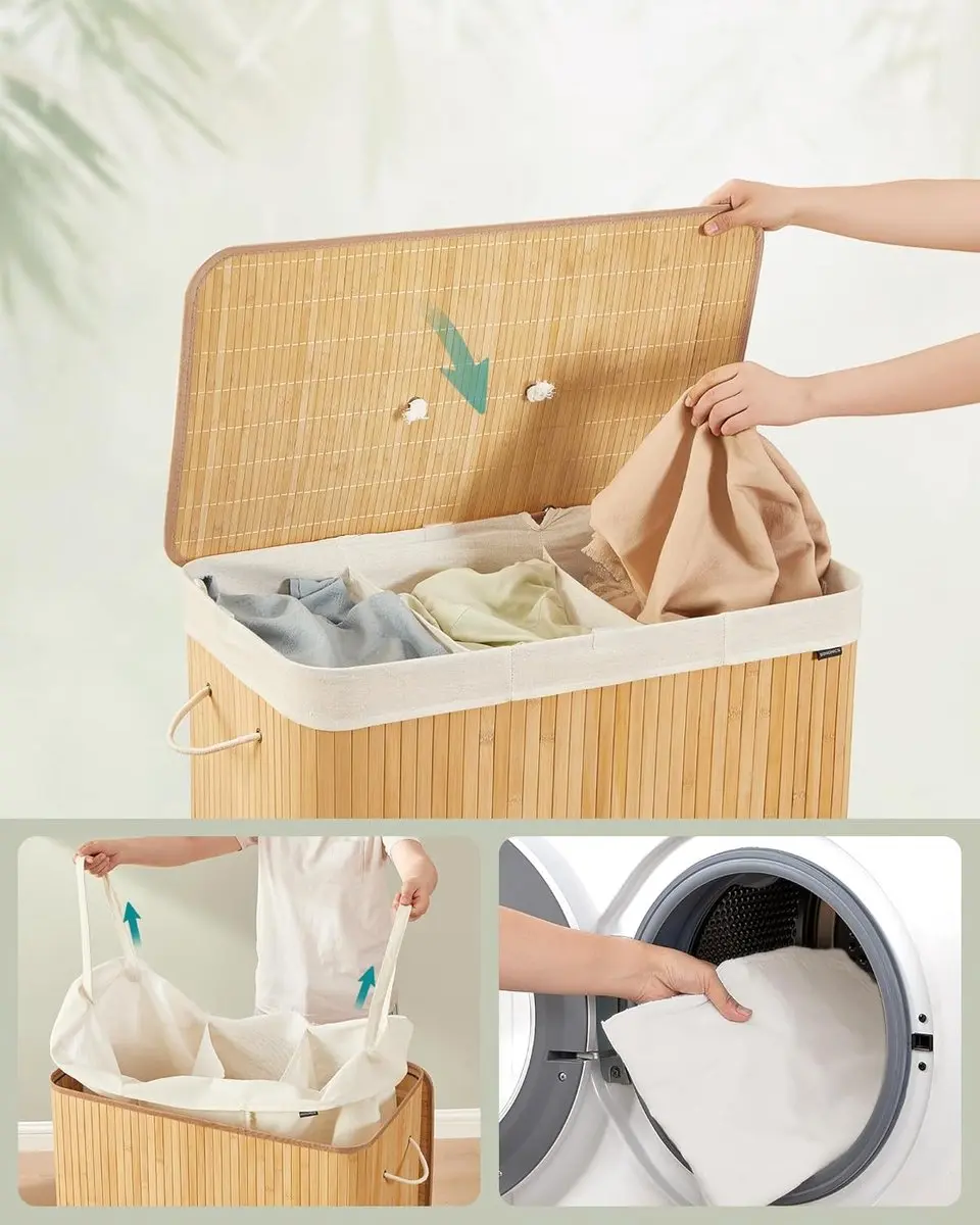 Songmics Wasmand met deksel 170L - 3 Compartimenten Natuurlijk