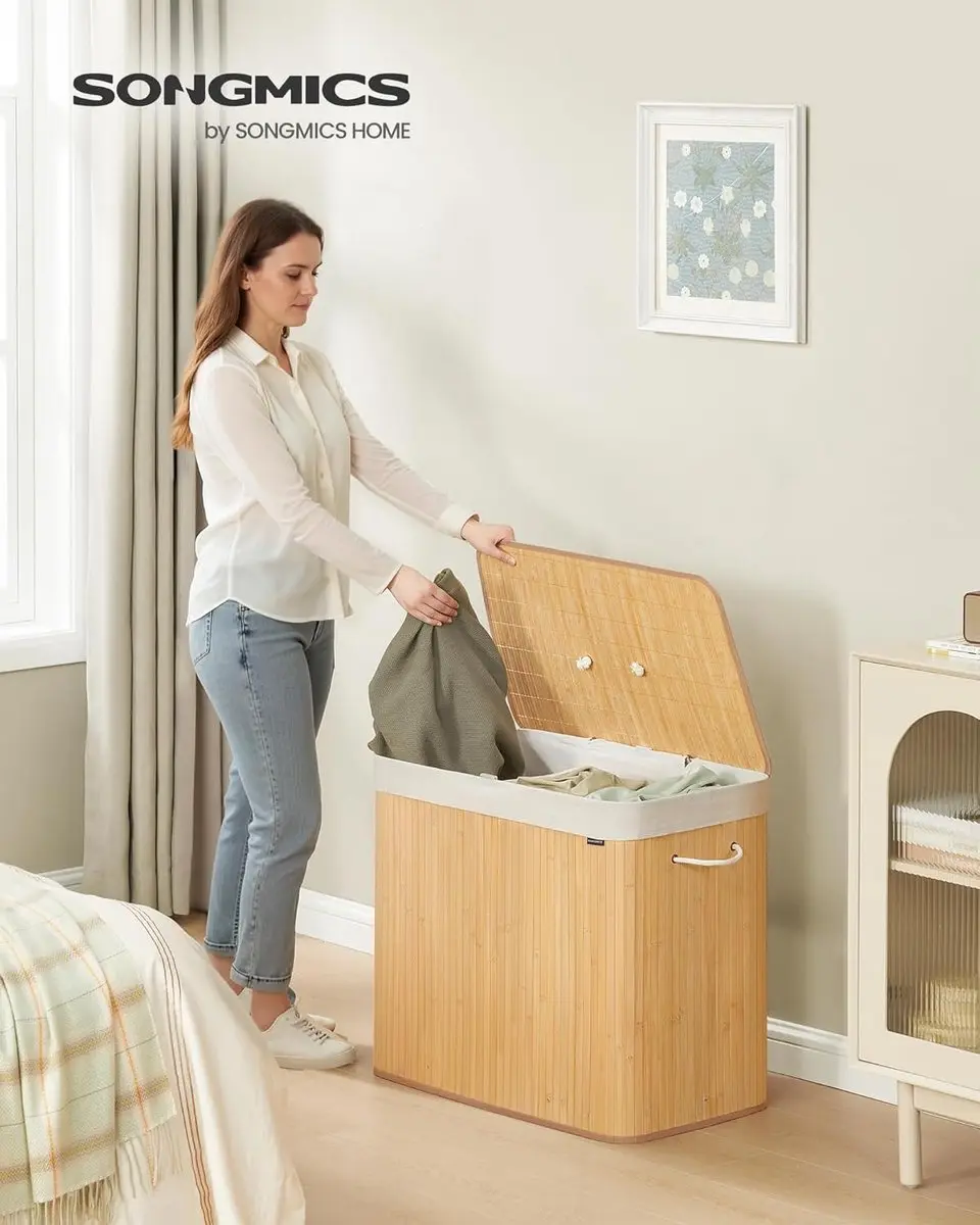 Songmics Wasmand met deksel 170L - 3 Compartimenten Natuurlijk