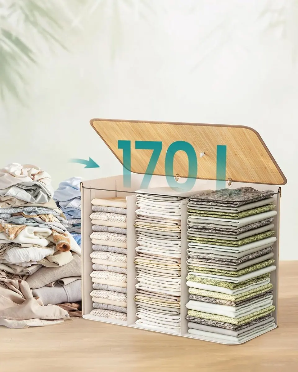 Songmics Wasmand met deksel 170L - 3 Compartimenten Natuurlijk - afbeelding 6 van 6