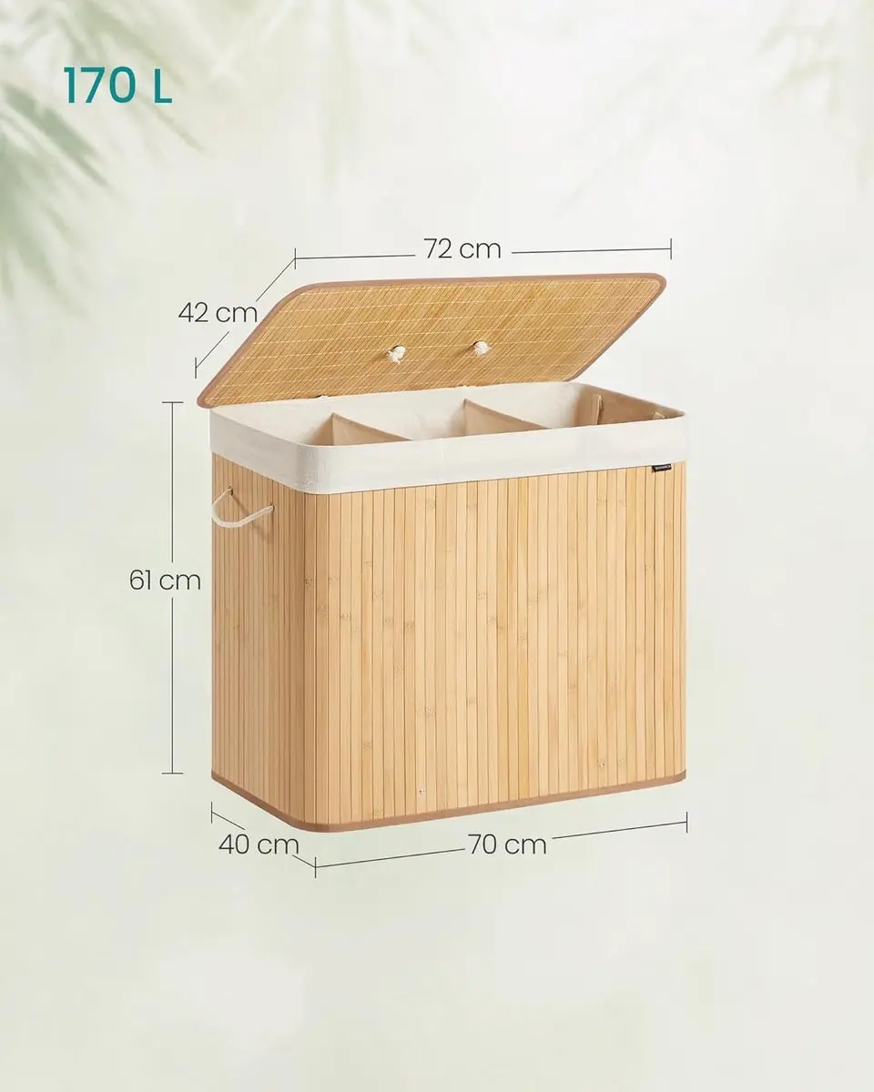 Songmics Wasmand met deksel 170L - 3 Compartimenten Natuurlijk