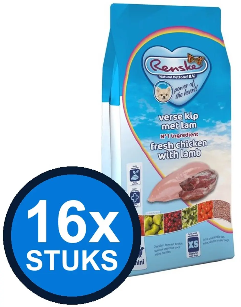 16x Renske Super Premium droog hond adult mini kip&lam 600gr