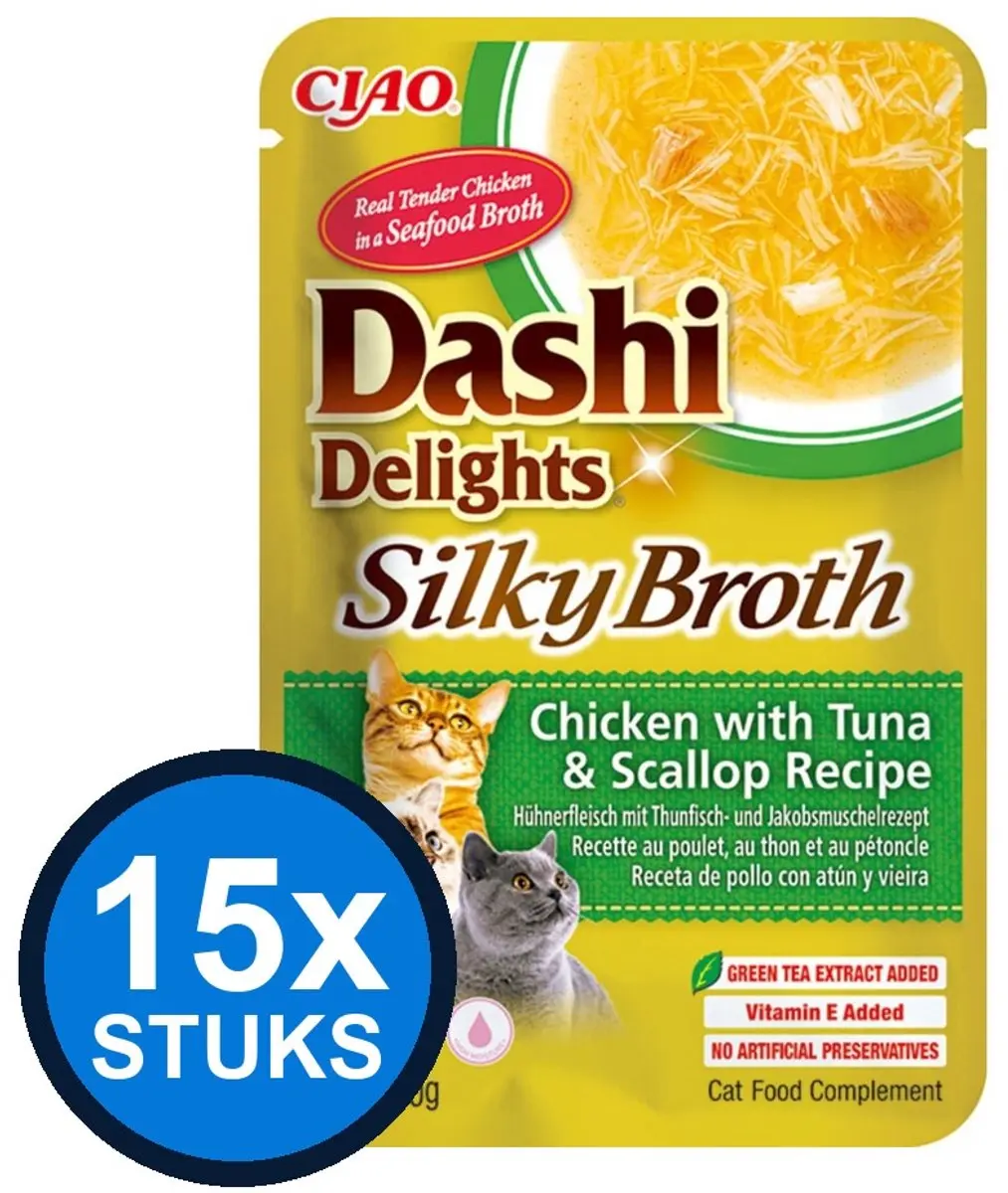 15x Ciao Dashi Delights silky broth cat chicken&tuna&scallop 40gr