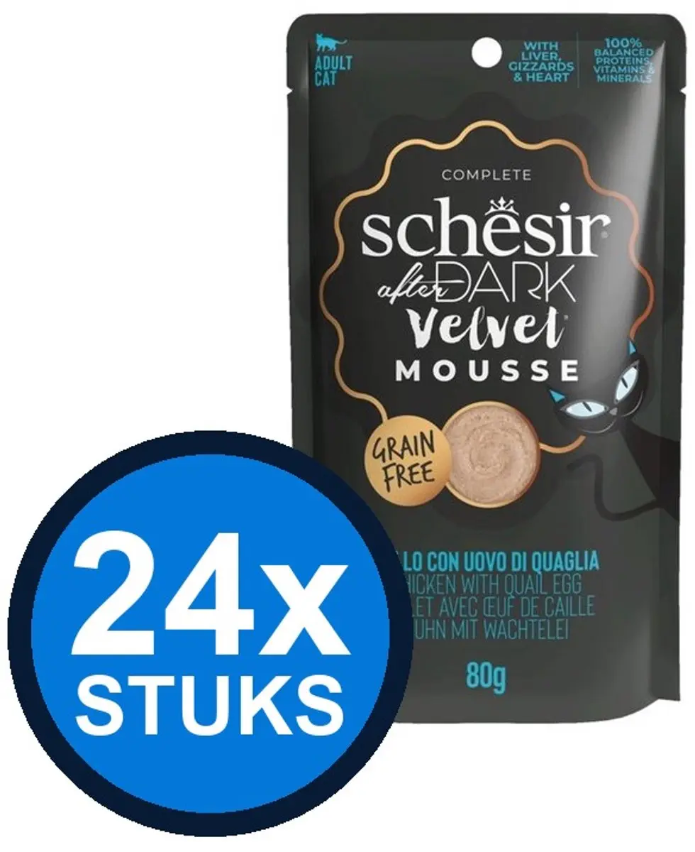 24x Schesir After Dark velvet kat pouch mousse kip&kwartelei 80gr