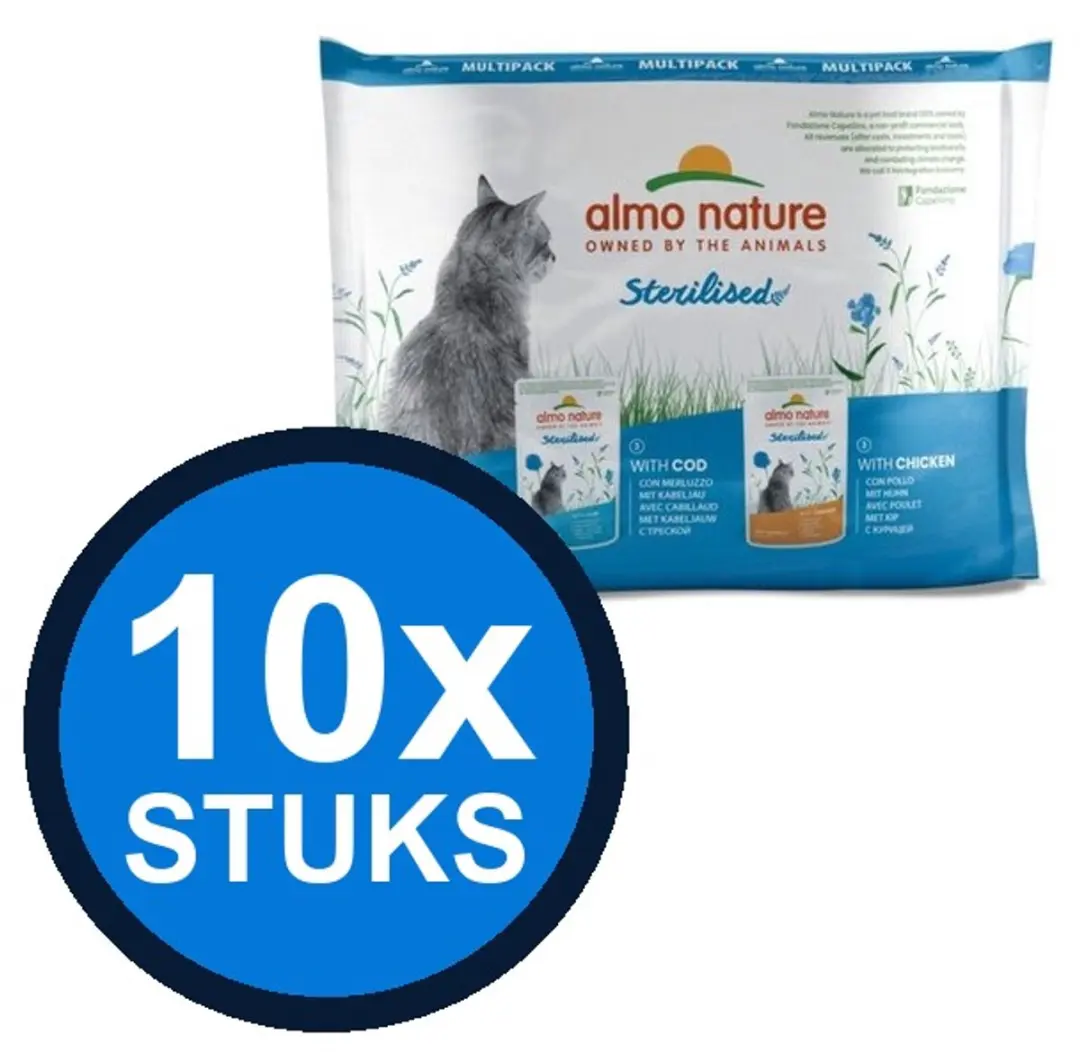 10x Almo Nature Holistic cat pouch sterilised rund&kip 6x70gr
