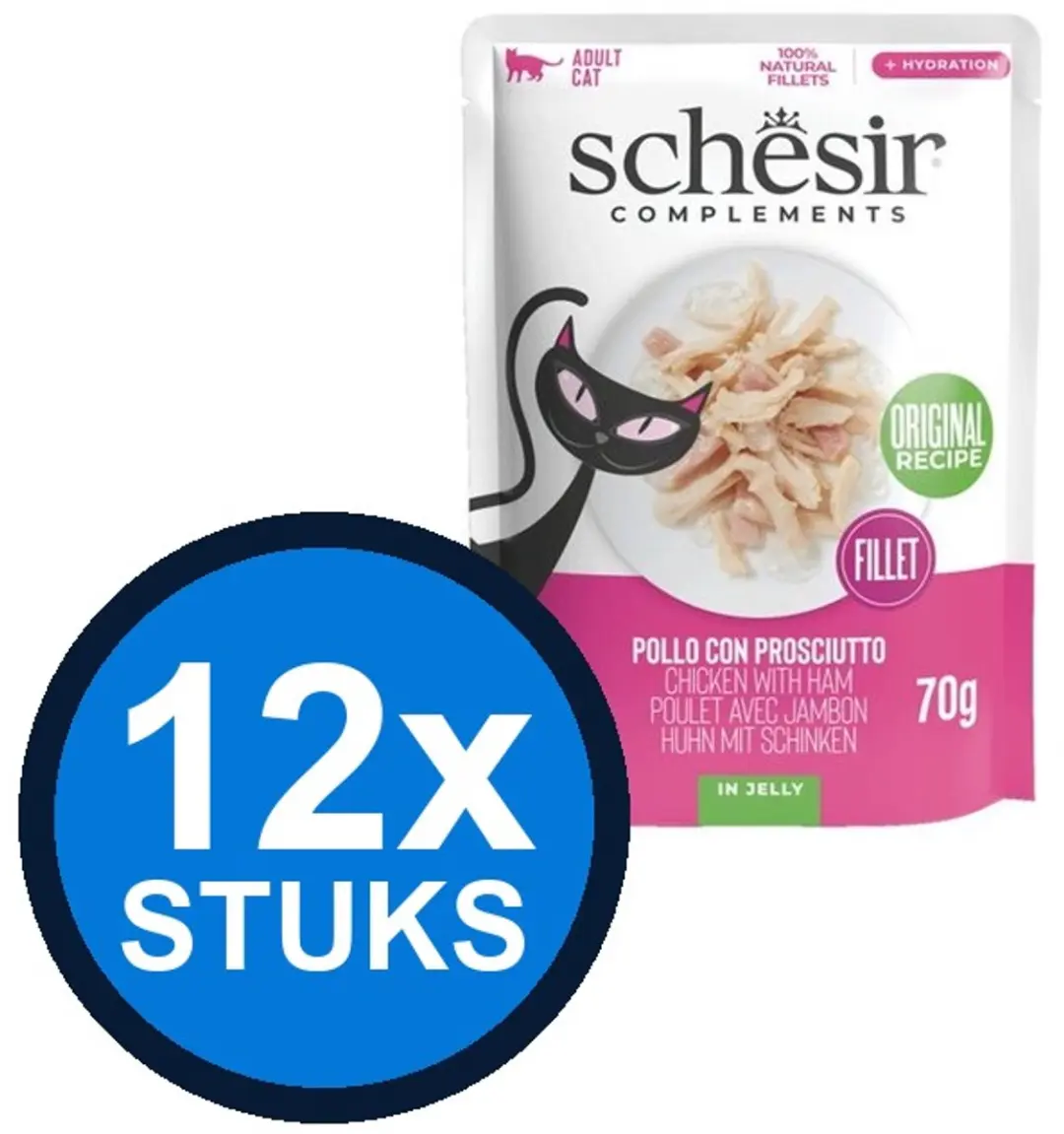 12x Schesir Complementary kat pouch gelei kip&ham 70gr