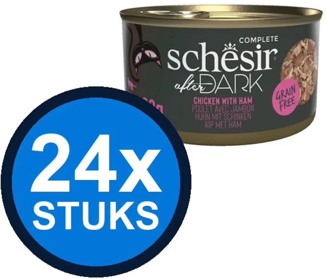 24x Schesir After Dark kat blik bouillon kip&ham 80gr