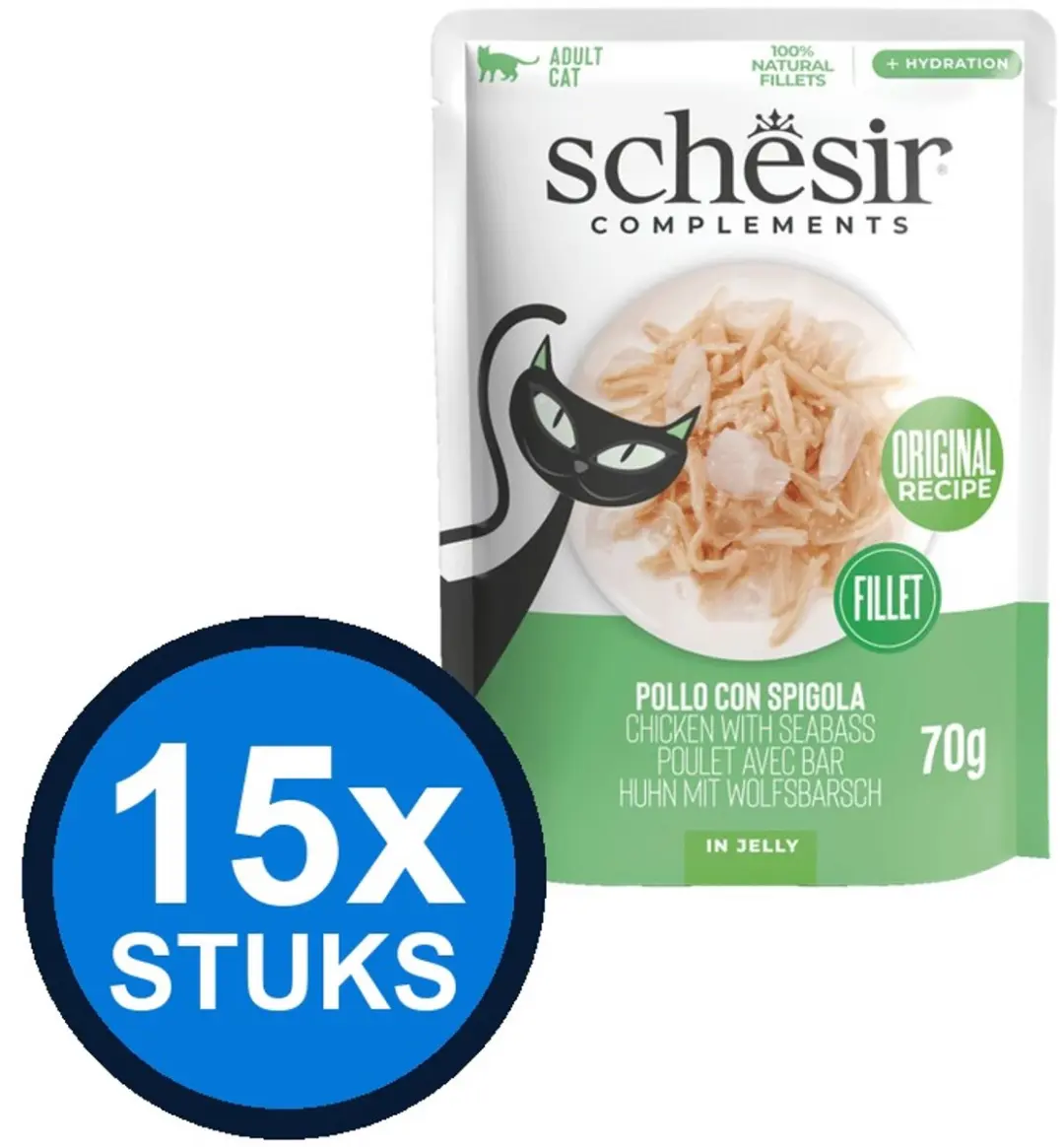 12x Schesir Complementary kat pouch gelei kip&zeebaars 70gr