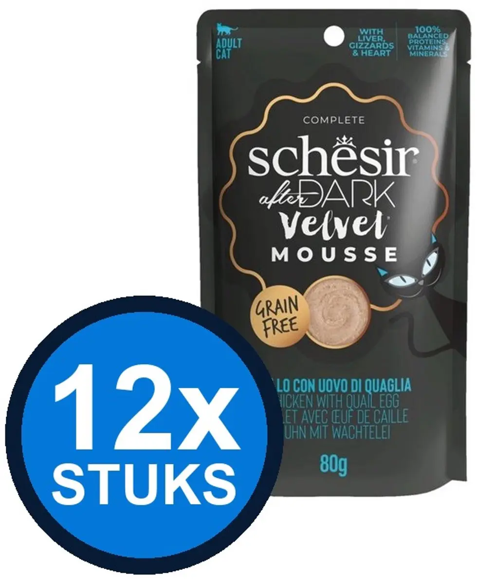 12x Schesir After Dark velvet kat pouch mousse kip&kwartelei 80gr