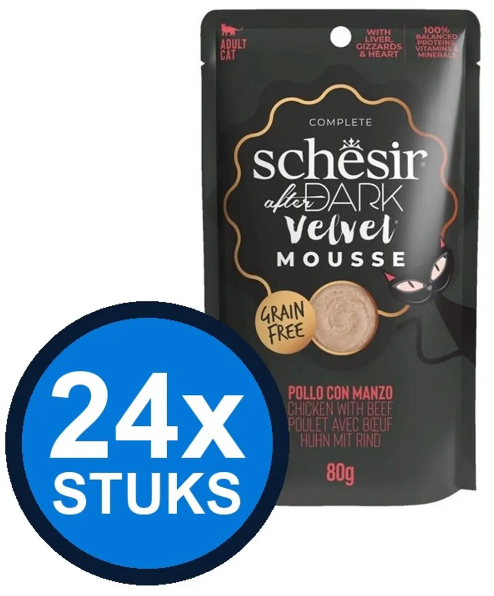 24x Schesir After Dark velvet kat pouch mousse kip&rund 80gr