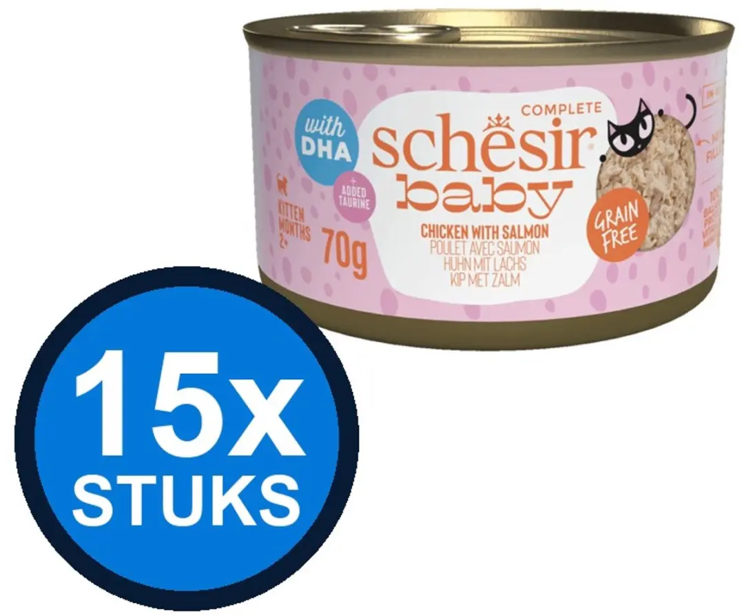 12x Schesir Baby kitten blik bouillon kip&zalm mousse&fillets 3x55gr
