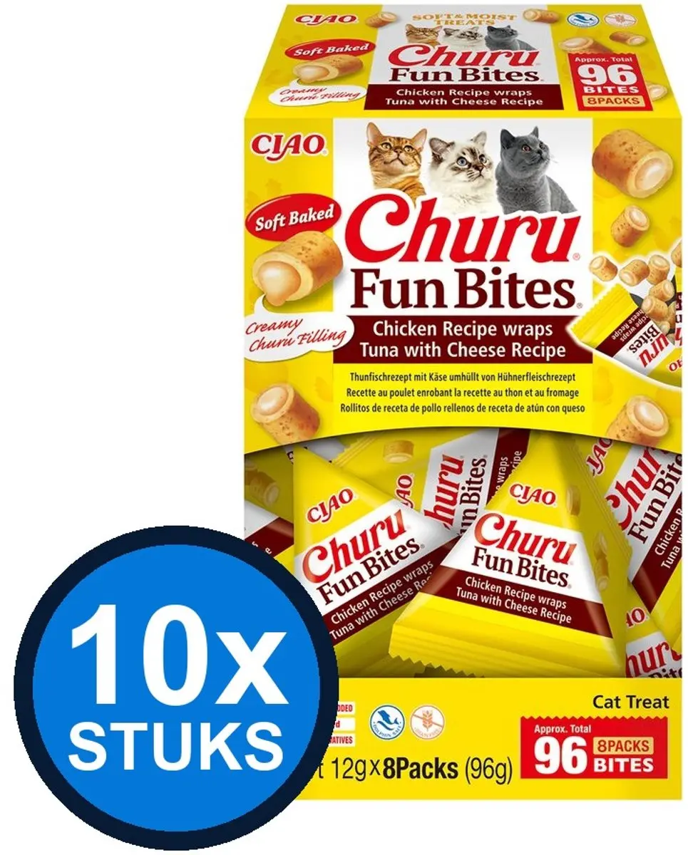 10x Ciao Churu fun bites cat chicken&tuna&cheese wraps 8x12gr