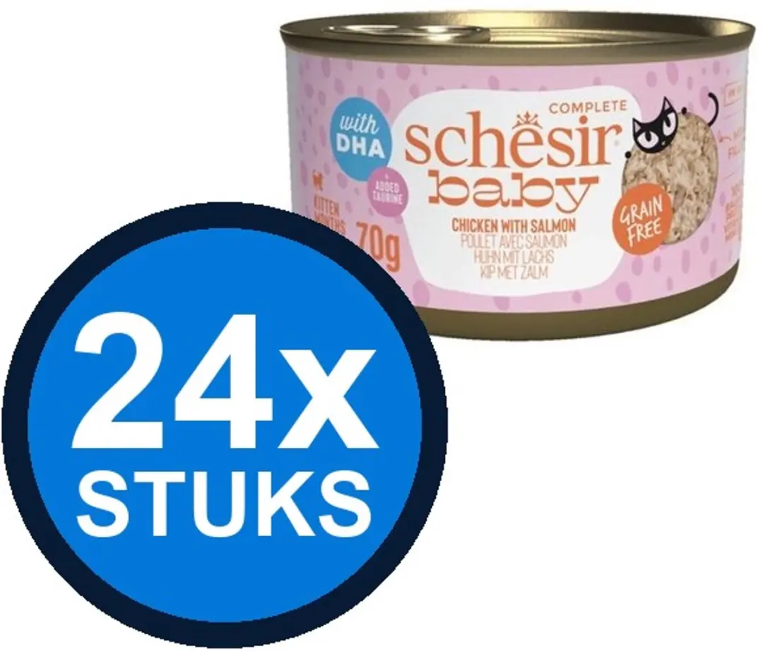24x Schesir Baby kitten blik bouillon kip&zalm mousse&fillets 3x55gr
